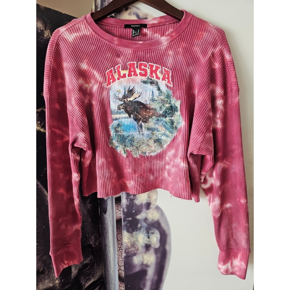 Forever 21 Alaska Moose Graphic Waffle Knit Tie Dye Cropped Thermal Top M Pink